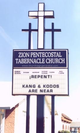 Church sign with message: Repent! Kang and Kodos are near